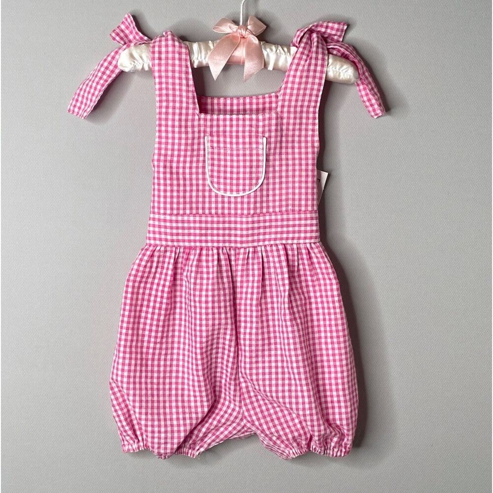 NWT Busy Bees Pink Gingham Check Tie Sash Piper Bubble Romper Girls 12 Mo